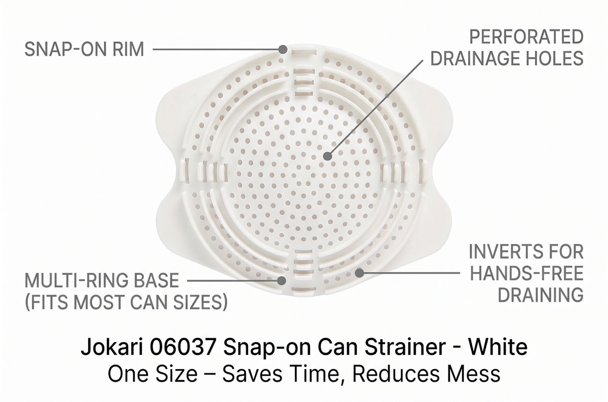 Jokari 06037 Snap-on Can Strainer - White One Size – Saves Time, Reduces Mess, Fits Most Can Sizes
