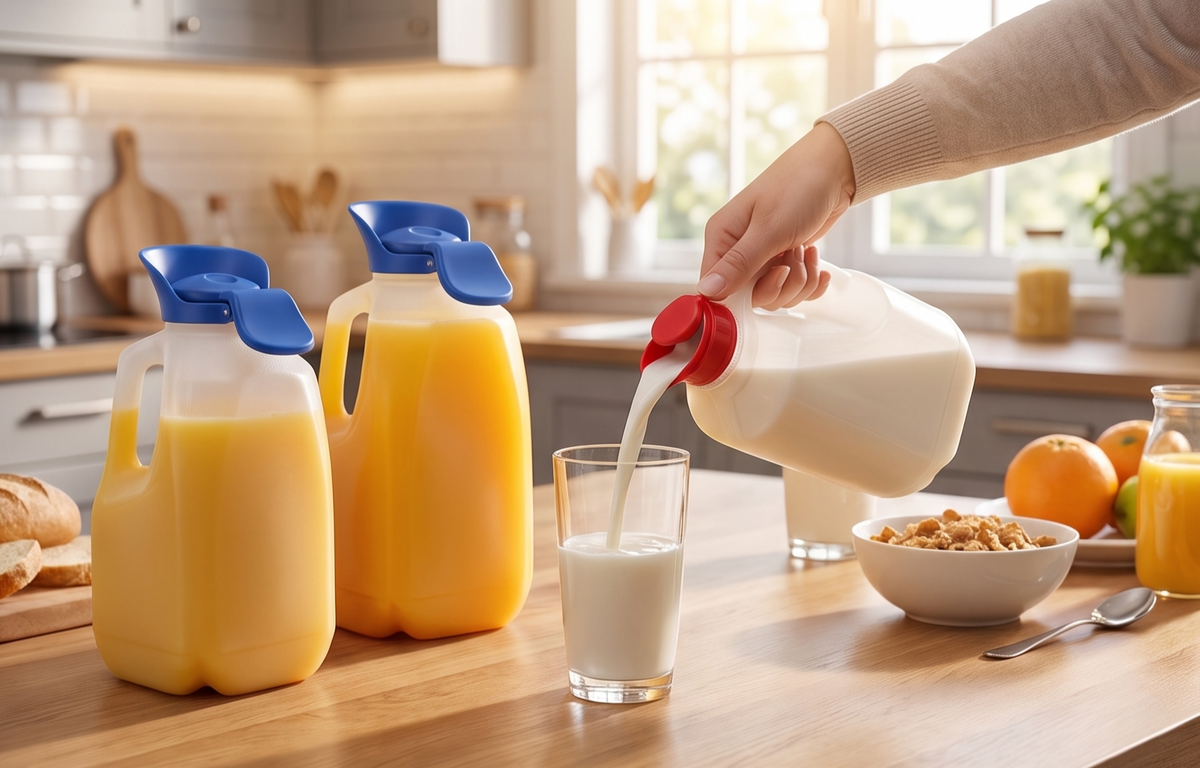 Jokari Milk Spout Pouring Gadget – 4 Spouts Total (2 Packs) – Easy Pour Spout for Gallon Milk Jugs and Juice Bottles, Push-Button Lid with Fast Seal, Ideal for Arthritis and Spill-Free Pouring