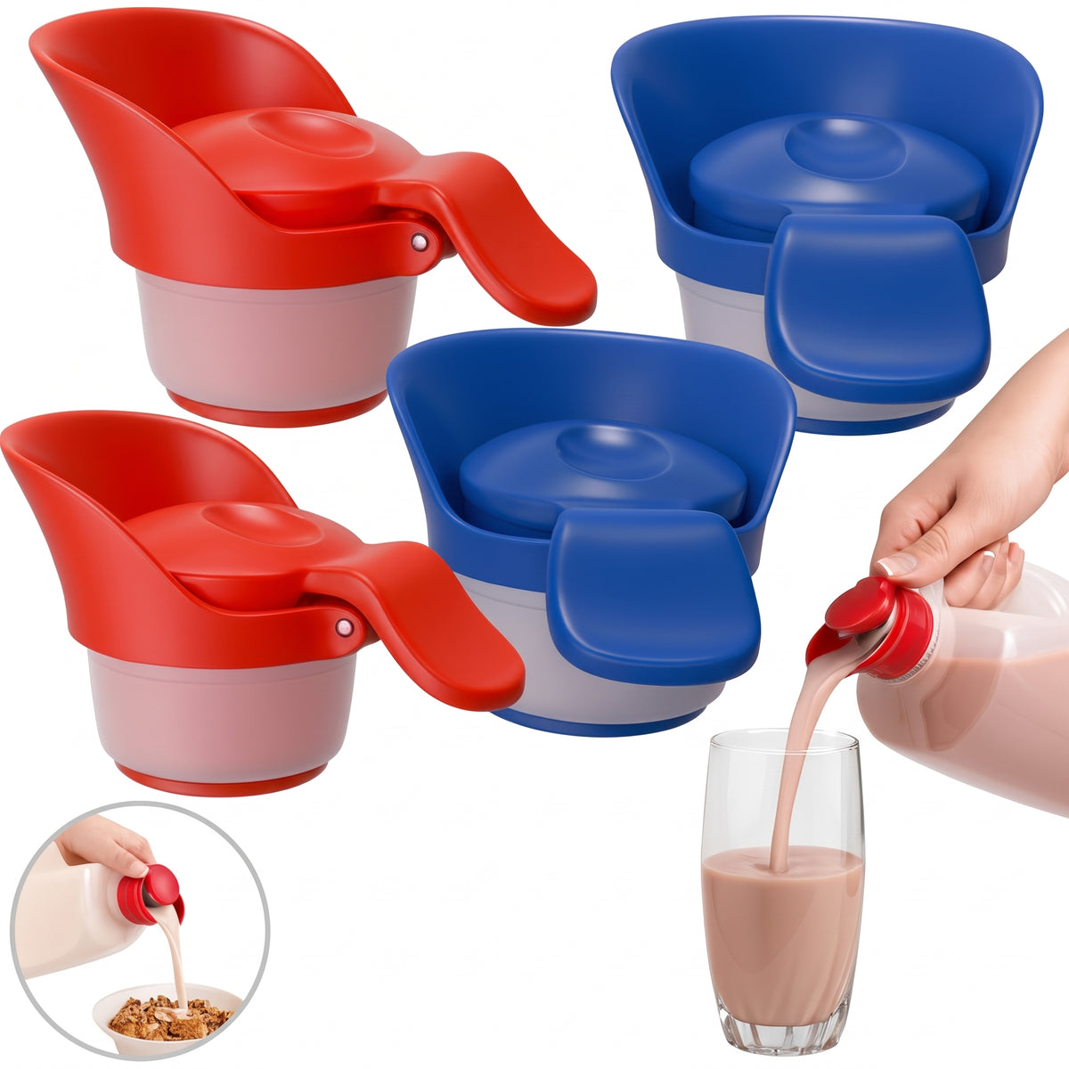 Jokari Milk Spout Pouring Gadget – 4 Spouts Total (2 Packs) – Easy Pour Spout for Gallon Milk Jugs and Juice Bottles, Push-Button Lid with Fast Seal, Ideal for Arthritis and Spill-Free Pouring