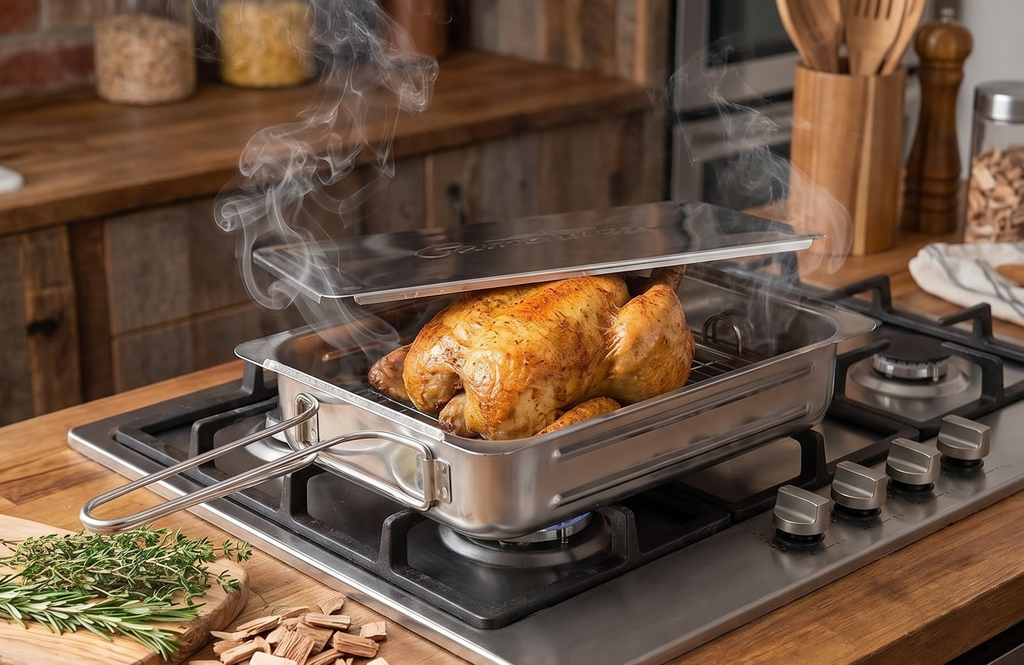 Camerons Large Stovetop Smoker - Stainless Steel BBQ Smoker Box w/Hickory & Oak Wood Chips & Recipe Guide - Indoor Outdoor Use on Any Heat for Smoking Meats, Veggies & Seafood - Grilling Gift for Men