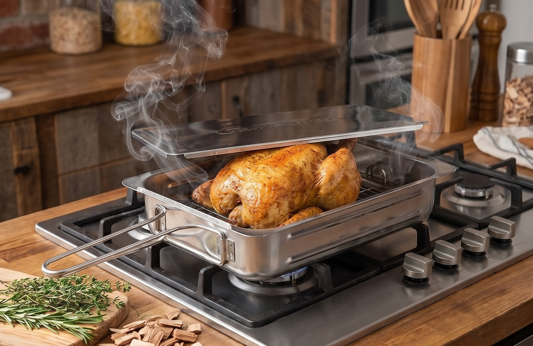 Camerons Large Stovetop Smoker - Stainless Steel BBQ Smoker Box w/Hickory & Oak Wood Chips & Recipe Guide - Indoor Outdoor Use on Any Heat for Smoking Meats, Veggies & Seafood - Grilling Gift for Men