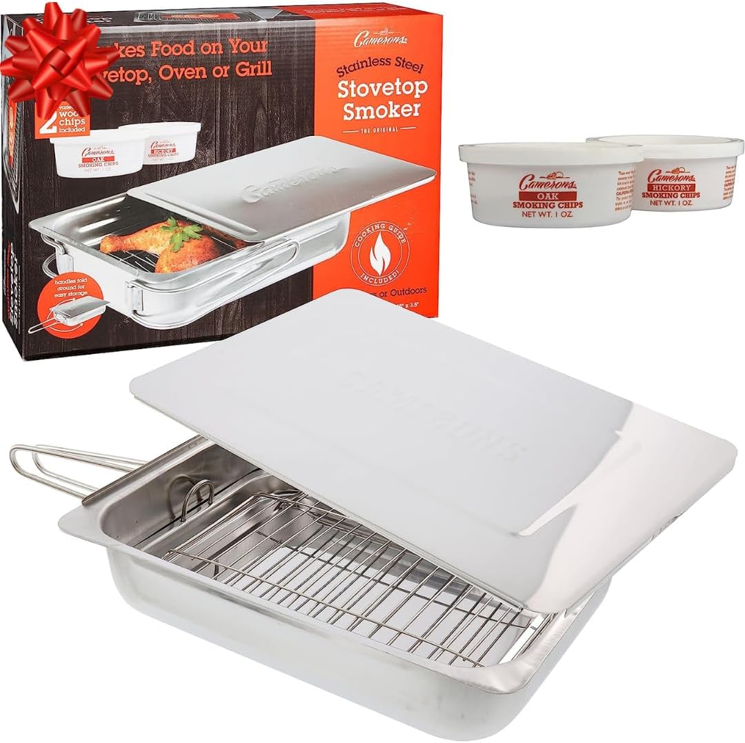 Camerons Large Stovetop Smoker - Stainless Steel BBQ Smoker Box w/Hickory & Oak Wood Chips & Recipe Guide - Indoor Outdoor Use on Any Heat for Smoking Meats, Veggies & Seafood - Grilling Gift for Men