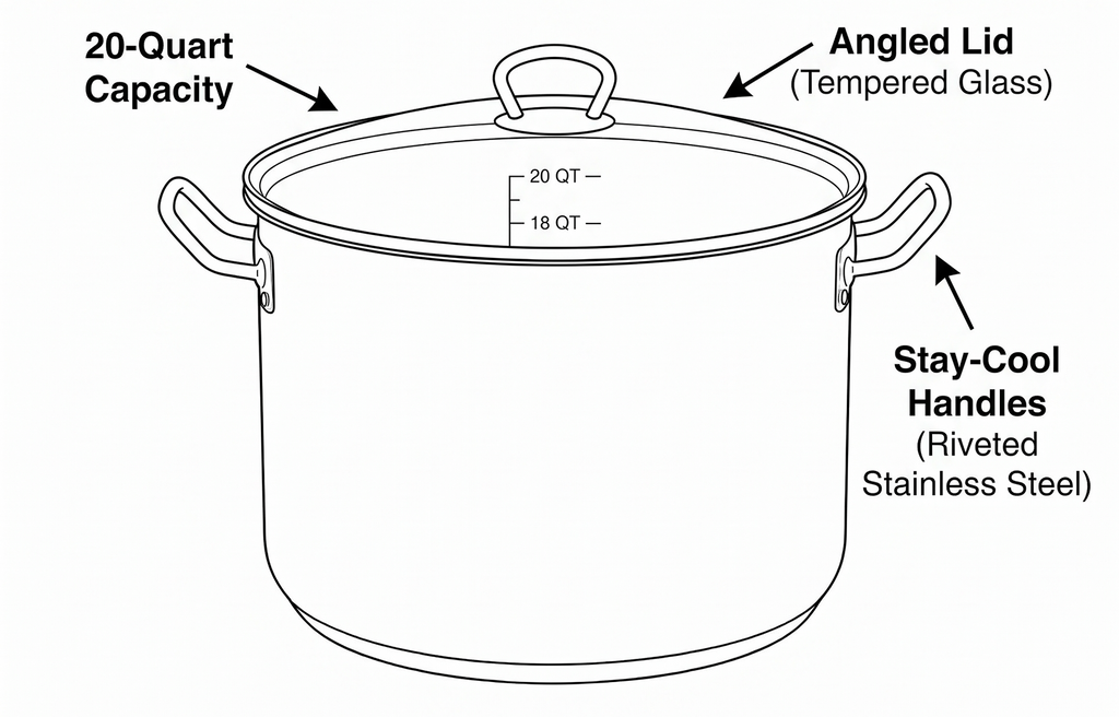 Camerons 20 Quart Stock Pot with Lid - 18/10 Professional Grade Tri-Ply Stainless Steel Stockpot - Commercial Grade Sauce Pot with Stick Resistant Interior, Stay Cool Handles & Induction Compatible