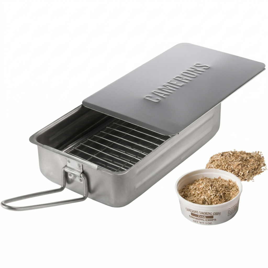 Camerons Gourmet Mini Stovetop Smoker - Stainless Steel BBQ Smoker Box w/Hickory Wood Chips & Recipes - Indoor & Outdoor Use on Any Heat for Smoking Meats, Veggies & Seafood - Grilling Gift for Men