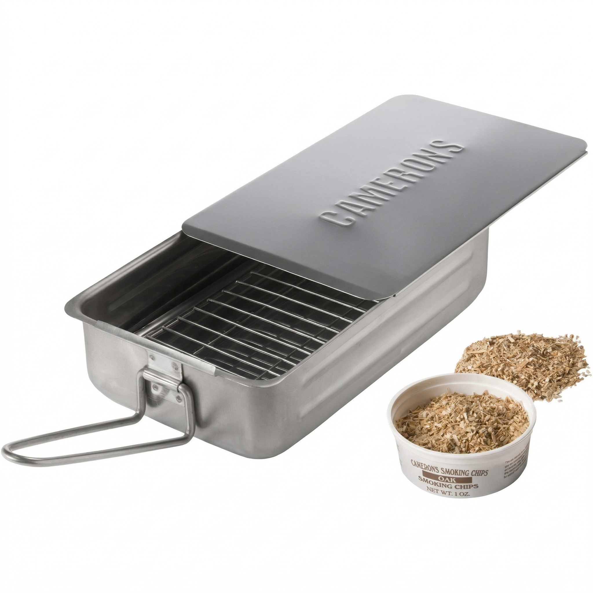 Camerons Gourmet Mini Stovetop Smoker - Stainless Steel BBQ Smoker Box w/Hickory Wood Chips & Recipes - Indoor & Outdoor Use on Any Heat for Smoking Meats, Veggies & Seafood - Grilling Gift for Men