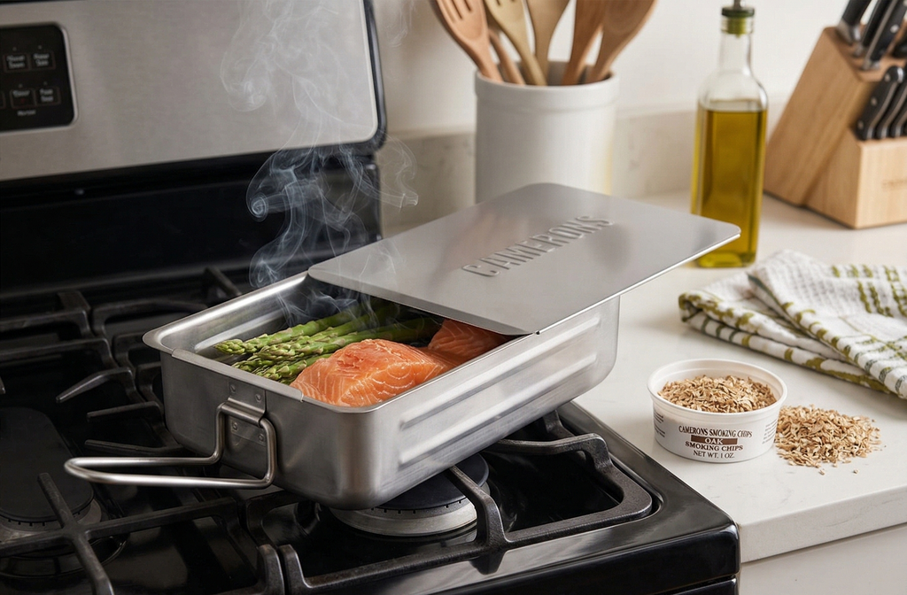Camerons Gourmet Mini Stovetop Smoker - Stainless Steel BBQ Smoker Box w/Hickory Wood Chips & Recipes - Indoor & Outdoor Use on Any Heat for Smoking Meats, Veggies & Seafood - Grilling Gift for Men