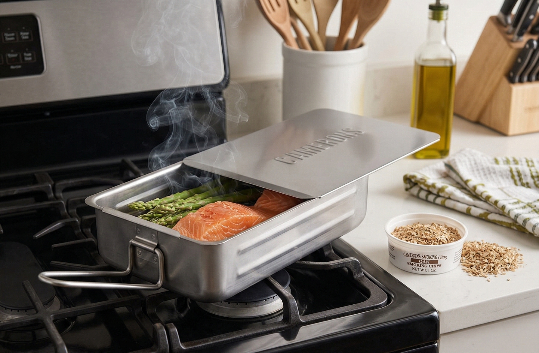 Camerons Gourmet Mini Stovetop Smoker - Stainless Steel BBQ Smoker Box w/Hickory Wood Chips & Recipes - Indoor & Outdoor Use on Any Heat for Smoking Meats, Veggies & Seafood - Grilling Gift for Men