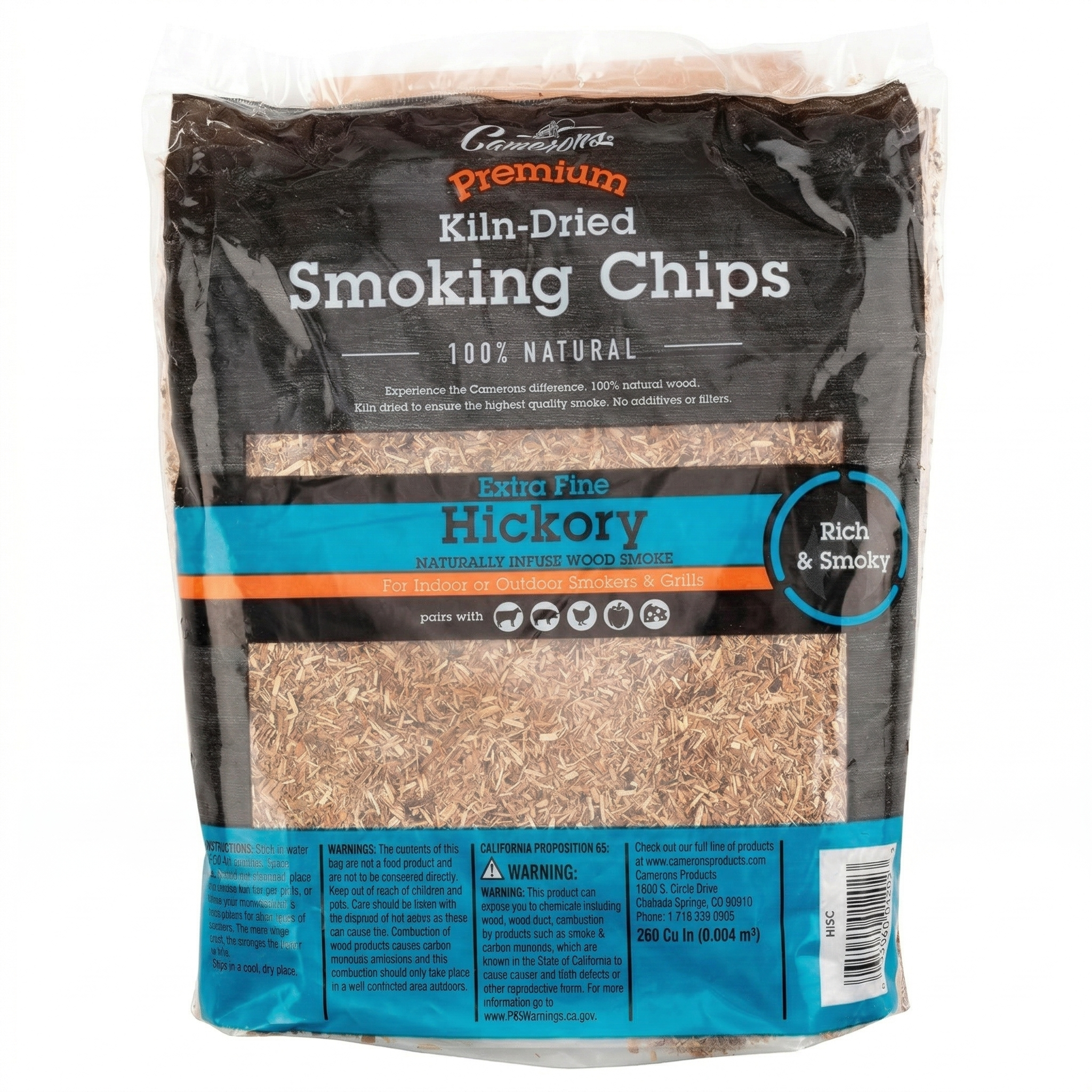 Camerons All Natural Extra Fine Hickory BBQ Wood Chips - 260 Cu. In. Bag, Approx 2 Pounds- Kiln Dried Sawdust Shavings for Cocktail Smoking Guns, Smokers, Smoke Boxes - Barbecue Grilling Gifts for Men