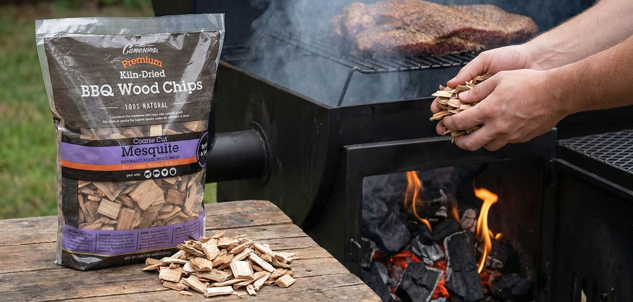 Camerons All Natural Mesquite Wood Chips for Smoker -260 Cu In Bag, Approx 2 Pounds- Kiln Dried Coarse Cut BBQ Grill Wood Chips for Smoking Meats - Barbecue Smoker Accessories - Grilling Gifts for Men