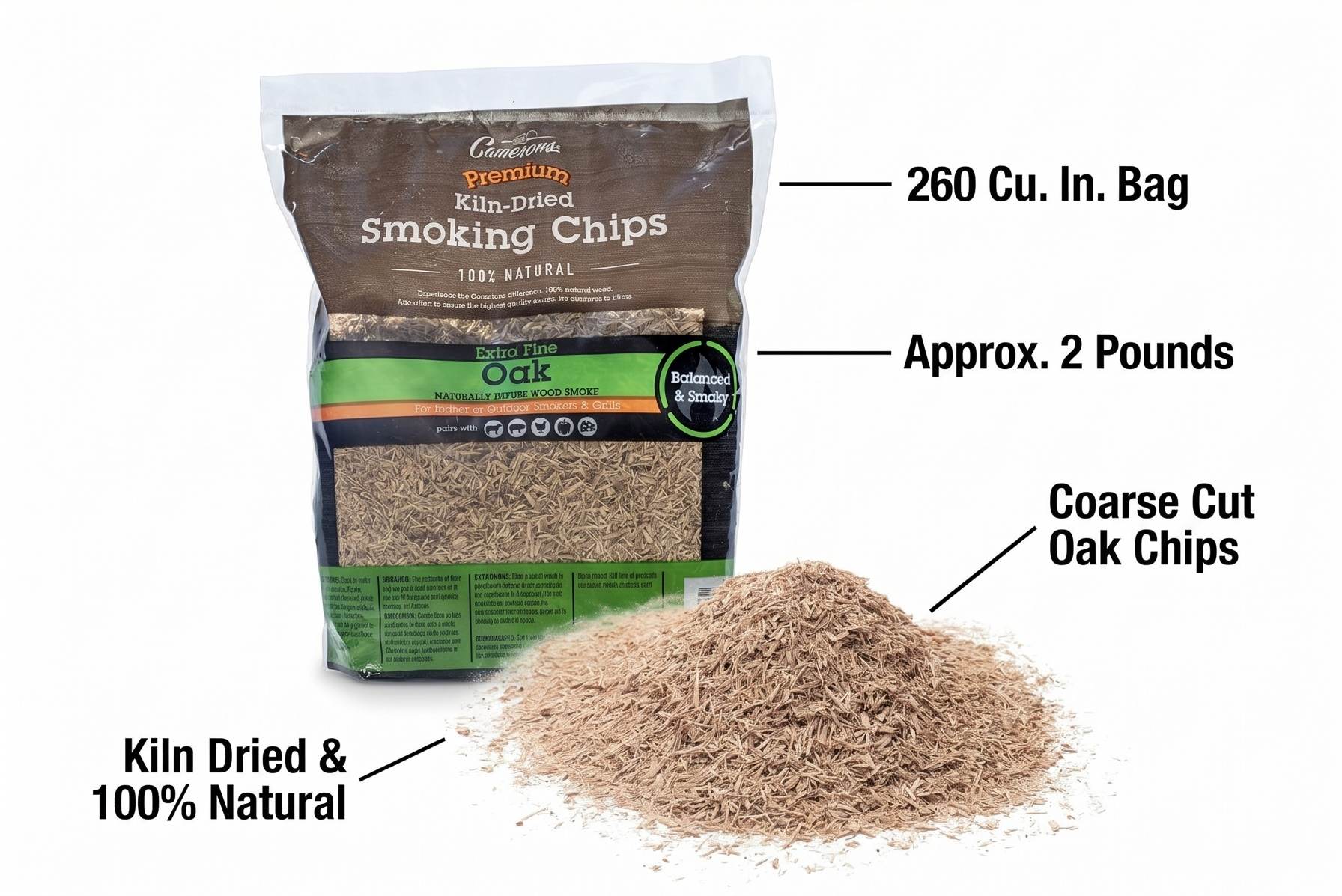 Camerons All Natural Extra Fine Oak BBQ Wood Chips - 260 Cu. in. Bag, Approx 2 Pounds - Kiln Dried Sawdust Shavings for Cocktail Smoking Guns, Smokers, Smoke Boxes - Barbecue Grilling Gifts for Men