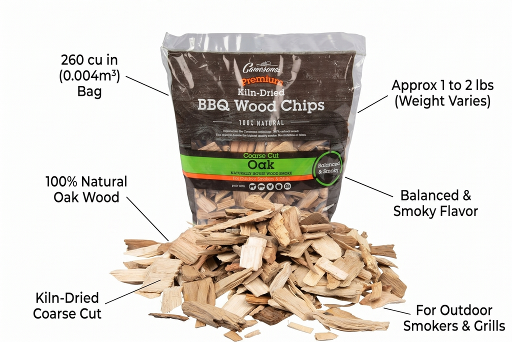 Camerons All Natural Oak Wood Chips for Smoker - 260 Cu. in. Bag, Approx 2 Pounds - Kiln Dried Coarse Cut BBQ Grill Wood Chips for Smoking Meats - Barbecue Smoker Accessories - Grilling Gifts for Men