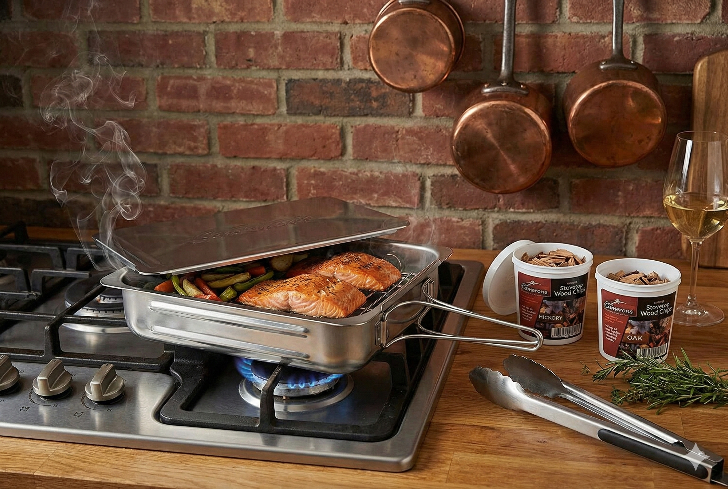 Camerons Original Stovetop Smoker -Smoker Box Gift Set w/Oak, Apple, Hickory Wood Chip Pints & Recipe Guide- Indoor Outdoor Use - Great for Smoking Meats - Barbecue Grilling Holiday Xmas Gift for Men