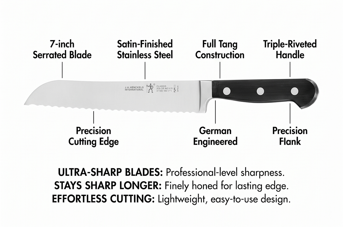 HENCKELS Classic Razor-Sharp 7-inch Bread Knife, Cake Knife, German Engineered Informed by 100+ Years of Mastery