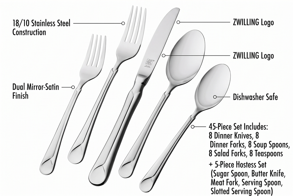 ZWILLING Provence 45-Piece Flatware Set, 18/10 Stainless Steel, Dual Mirror-Satin Finish, Service for 8, 5-piece placesetting plus 5 serving pieces