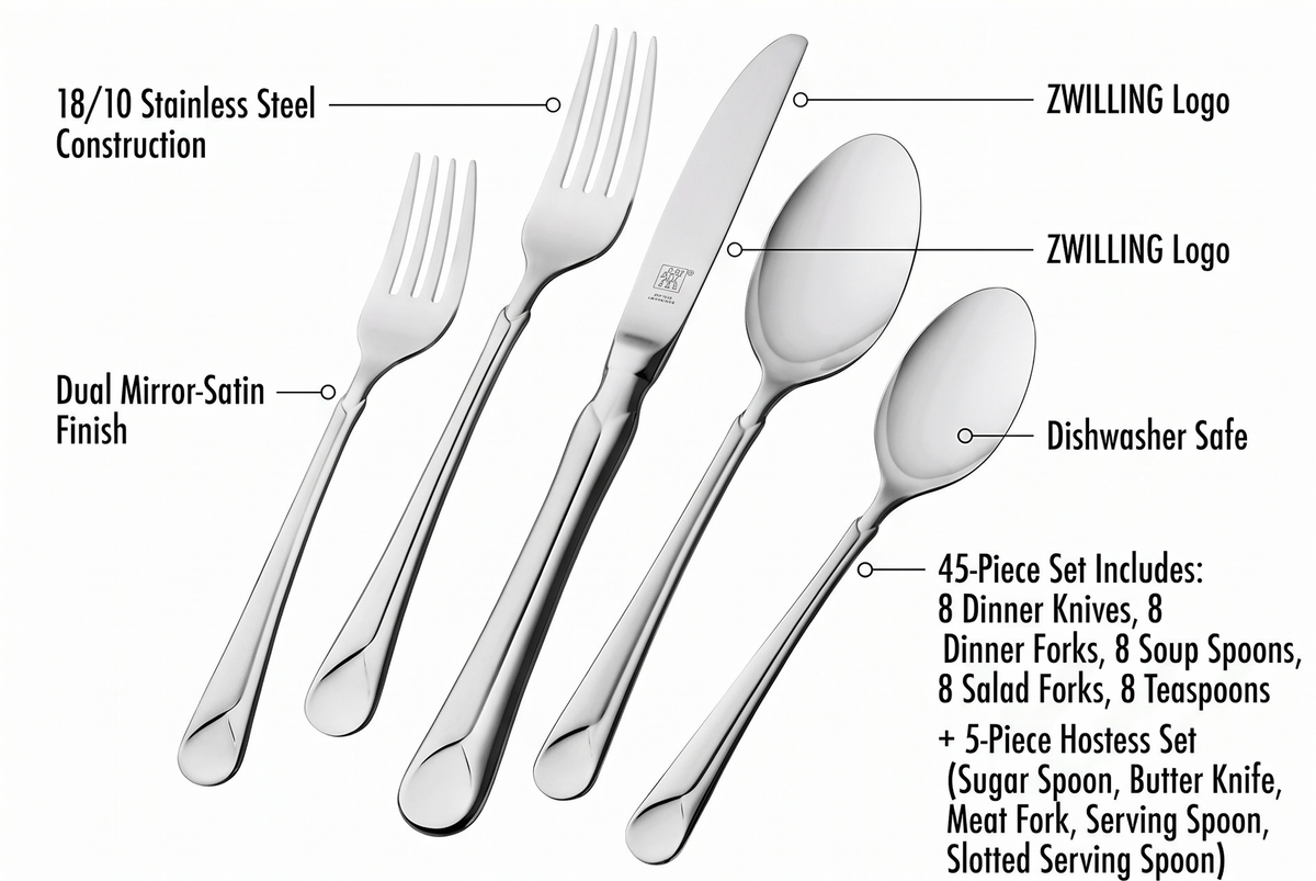 ZWILLING Provence 45-Piece Flatware Set, 18/10 Stainless Steel, Dual Mirror-Satin Finish, Service for 8, 5-piece placesetting plus 5 serving pieces