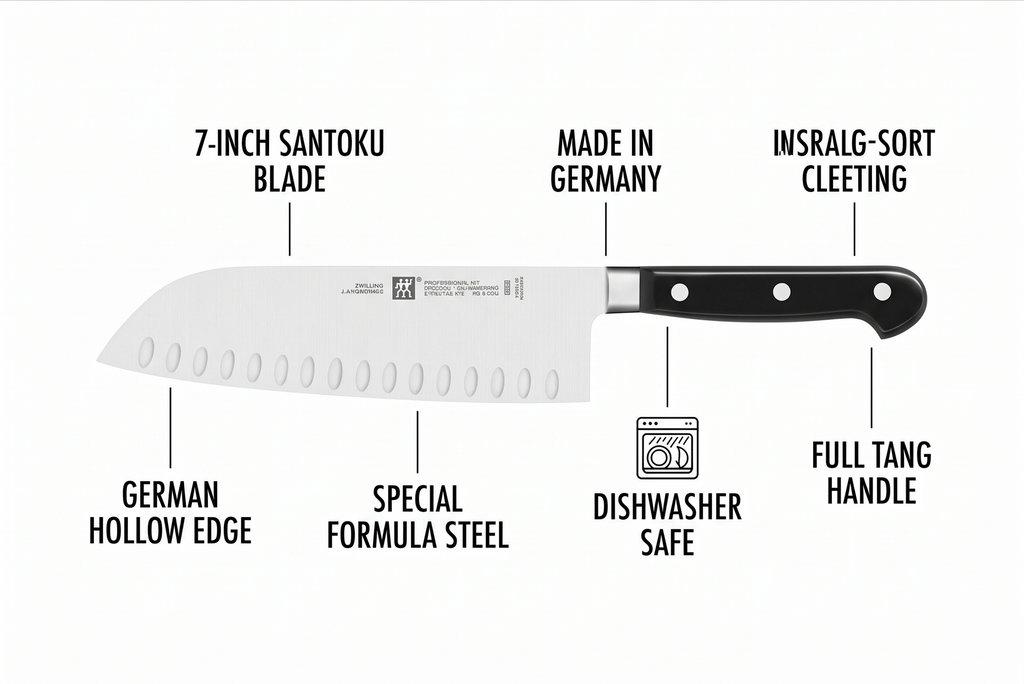 ZWILLING Professional S 7-inch Razor-Sharp German Hollow Edge Santoku Knife, Made in Company-Owned German Factory with Special Formula Steel perfected for almost 300 Years, Dishwasher Safe