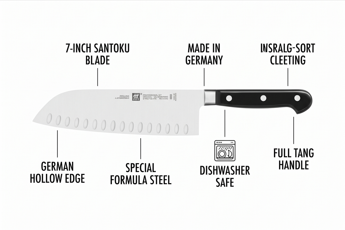 ZWILLING Professional S 7-inch Razor-Sharp German Hollow Edge Santoku Knife, Made in Company-Owned German Factory with Special Formula Steel perfected for almost 300 Years, Dishwasher Safe