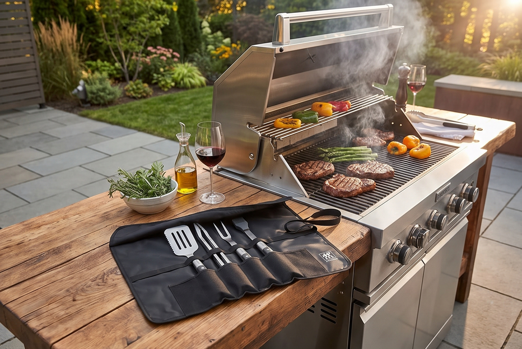 ZWILLING BBQ+, 5-pc Grill Tool Set, Grill Spatula, Grill Tongs, Grill Fork, Basting Brush, Chef's Wrap, Made from Durable and Corrosion-Resistant Stainless Steel, Travel Friendly, Easy-to-Clean