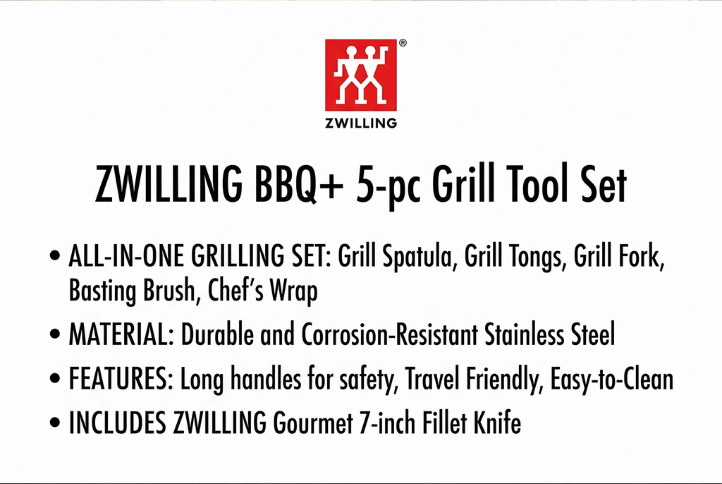 ZWILLING BBQ+, 5-pc Grill Tool Set, Grill Spatula, Grill Tongs, Grill Fork, Basting Brush, Chef's Wrap, Made from Durable and Corrosion-Resistant Stainless Steel, Travel Friendly, Easy-to-Clean