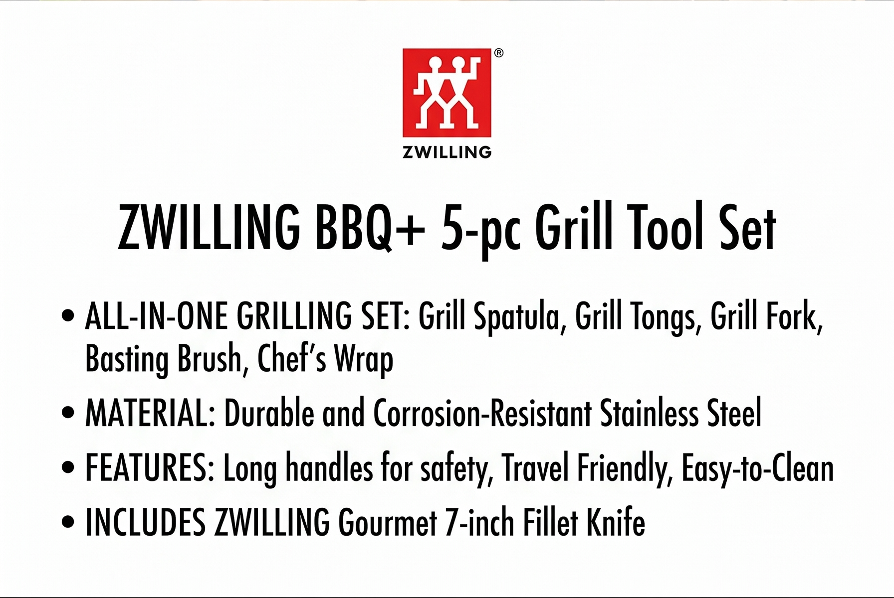 ZWILLING BBQ+, 5-pc Grill Tool Set, Grill Spatula, Grill Tongs, Grill Fork, Basting Brush, Chef's Wrap, Made from Durable and Corrosion-Resistant Stainless Steel, Travel Friendly, Easy-to-Clean