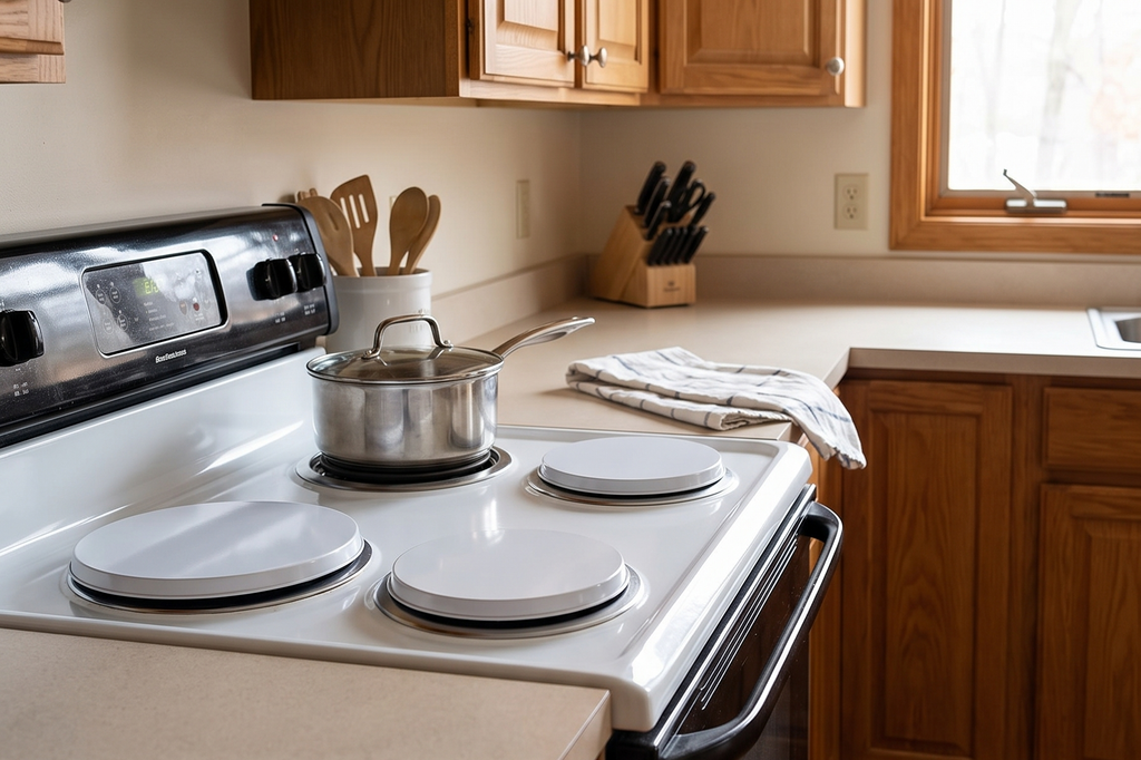 Reston Lloyd, Burner Covers For Electric Stovetop, Decorative Lightweight Tin Covers, Set of 4 (2-8 inch & 2-10 inch), Conceals Messy Drip Pans, White