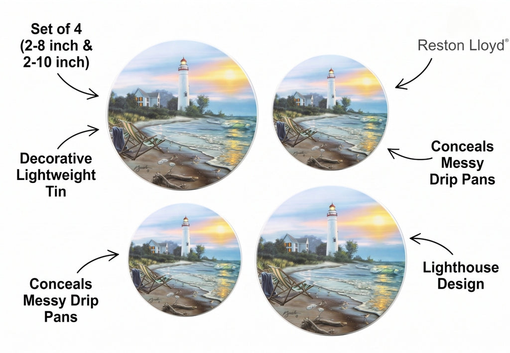Reston Lloyd, Burner Covers For Electric Stovetop, Decorative Lightweight Tin Covers, Set of 4 (2-8 inch & 2-10 inch), Conceals Messy Drip Pans, Lighthouse