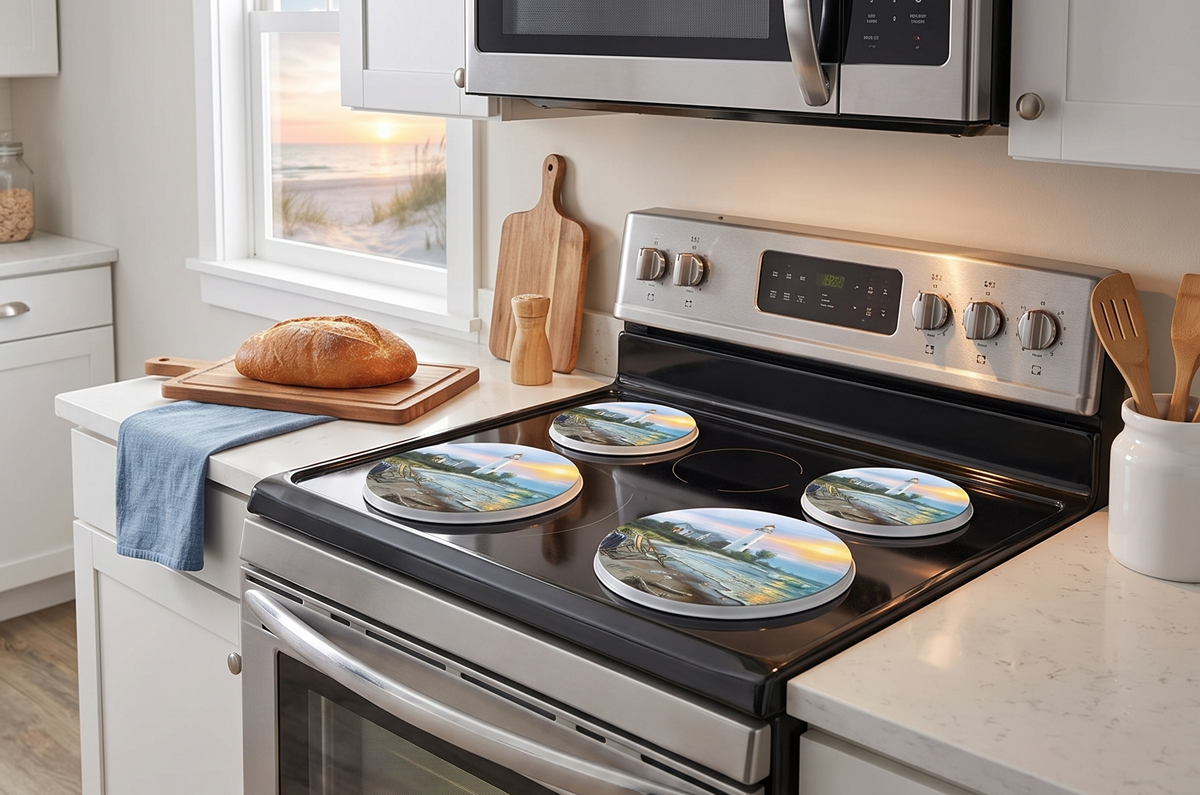 Reston Lloyd, Burner Covers For Electric Stovetop, Decorative Lightweight Tin Covers, Set of 4 (2-8 inch & 2-10 inch), Conceals Messy Drip Pans, Lighthouse