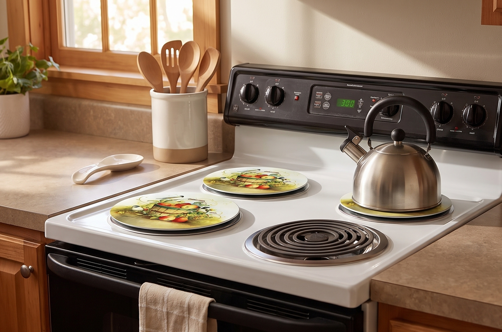Reston Lloyd, Burner Covers For Electric Stovetop, Decorative Lightweight Tin Covers, Set of 4 (2-8 inch & 2-10 inch), Conceals Messy Drip Pans, Chickadees
