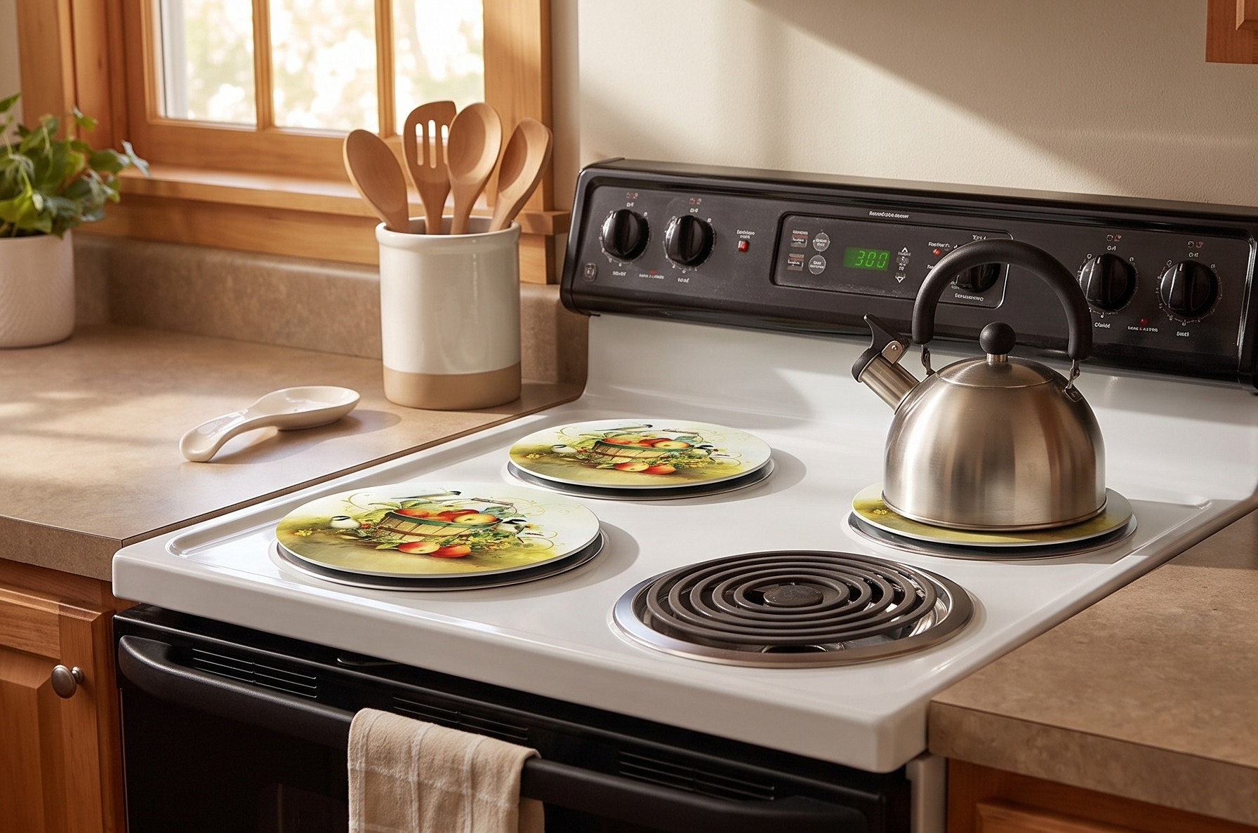 Reston Lloyd, Burner Covers For Electric Stovetop, Decorative Lightweight Tin Covers, Set of 4 (2-8 inch & 2-10 inch), Conceals Messy Drip Pans, Chickadees