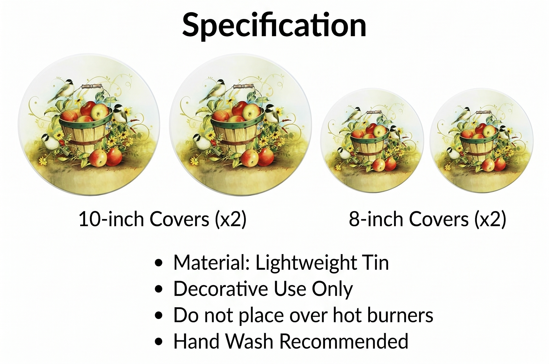 Reston Lloyd, Burner Covers For Electric Stovetop, Decorative Lightweight Tin Covers, Set of 4 (2-8 inch & 2-10 inch), Conceals Messy Drip Pans, Chickadees