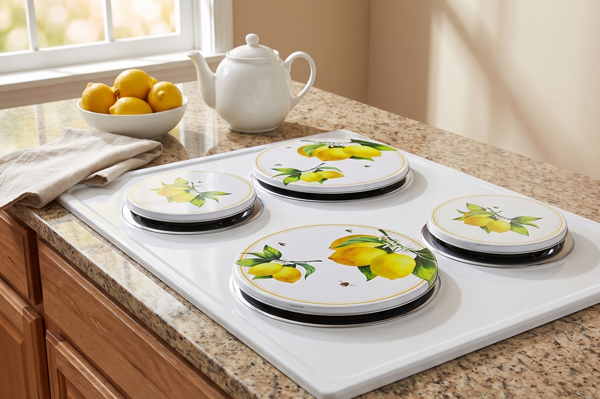 Reston Lloyd, Burner Covers For Electric Stovetop, Decorative Lightweight Tin Covers, Set of 4 (2-8 inch & 2-10 inch), Conceals Messy Drip Pans, Fresh Lemons