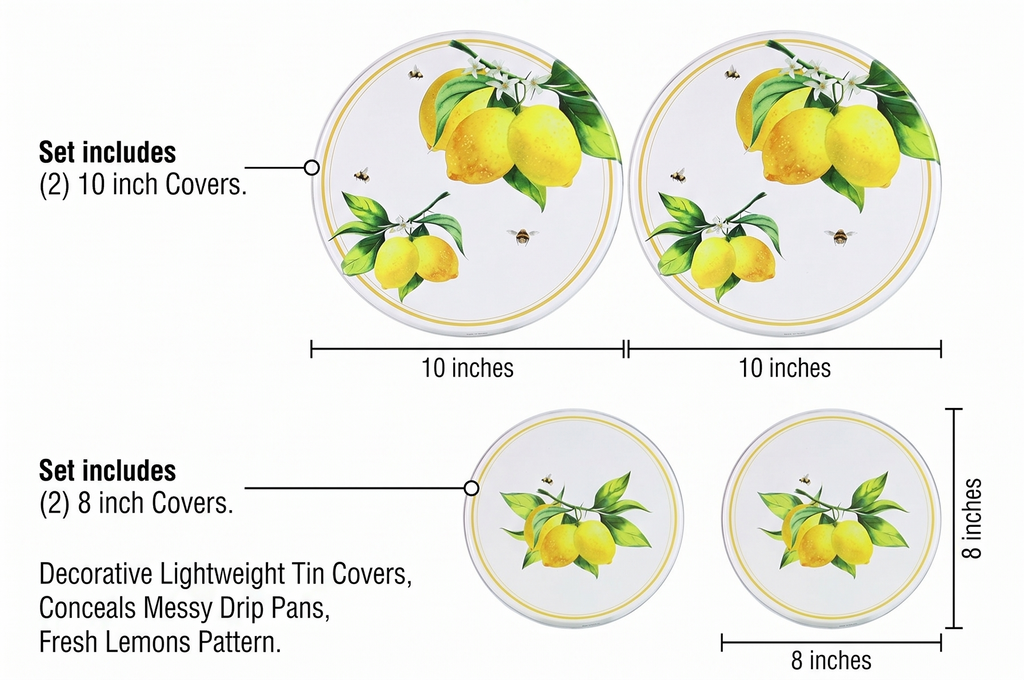 Reston Lloyd, Burner Covers For Electric Stovetop, Decorative Lightweight Tin Covers, Set of 4 (2-8 inch & 2-10 inch), Conceals Messy Drip Pans, Fresh Lemons