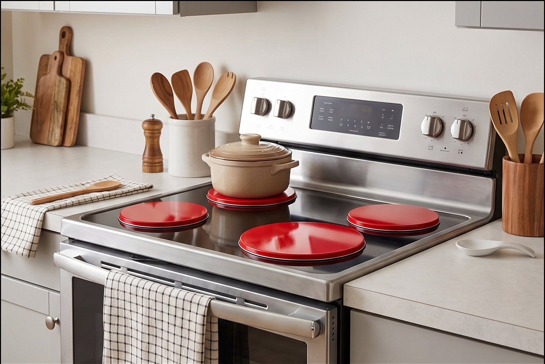 Reston Lloyd, Burner Covers For Electric Stovetop, Decorative Lightweight Tin Covers, Set of 4 (2-8 inch & 2-10 inch), Conceals Messy Drip Pans, Red