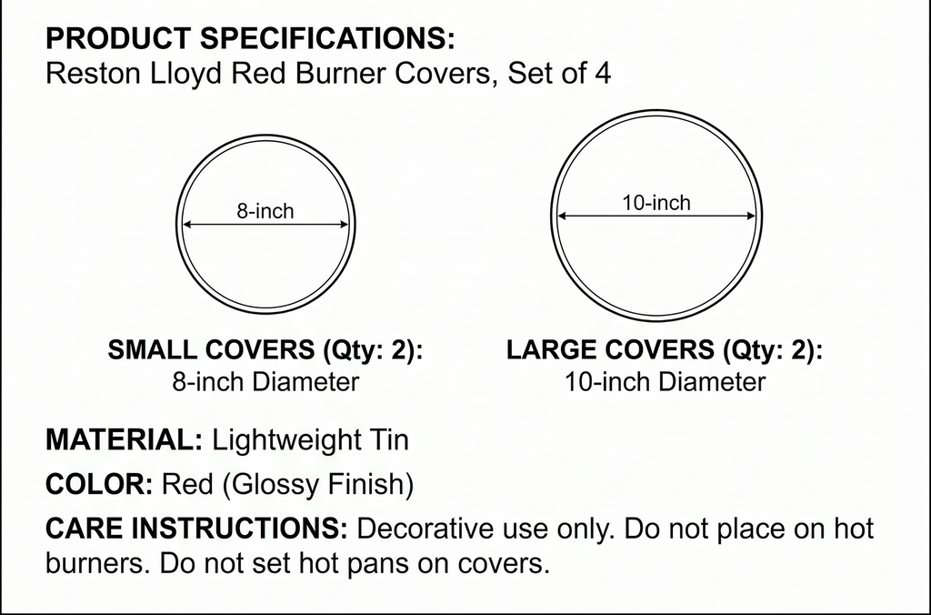 Reston Lloyd, Burner Covers For Electric Stovetop, Decorative Lightweight Tin Covers, Set of 4 (2-8 inch & 2-10 inch), Conceals Messy Drip Pans, Red