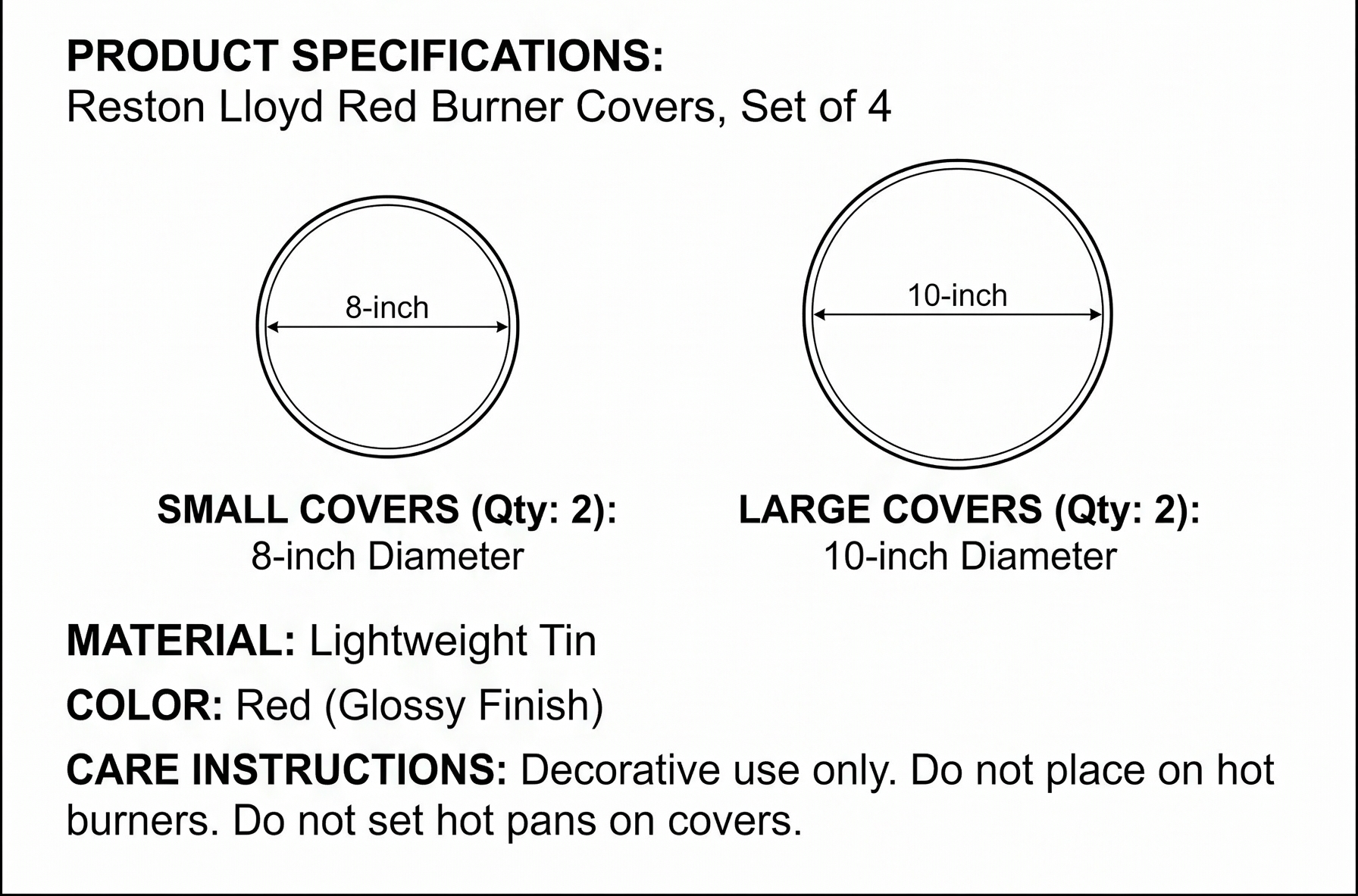 Reston Lloyd, Burner Covers For Electric Stovetop, Decorative Lightweight Tin Covers, Set of 4 (2-8 inch & 2-10 inch), Conceals Messy Drip Pans, Red