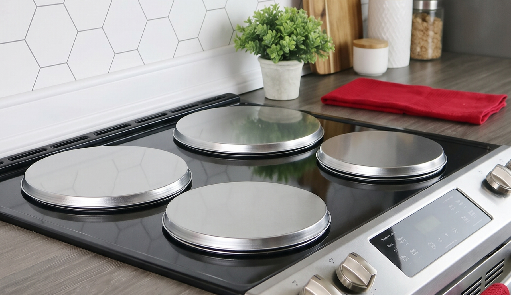 Reston Lloyd, Burner Covers For Electric Stovetop, Decorative Lightweight Tin Covers, Set of 4 (2-8 inch & 2-10 inch), Conceals Messy Drip Pans, Stainless Steel Color