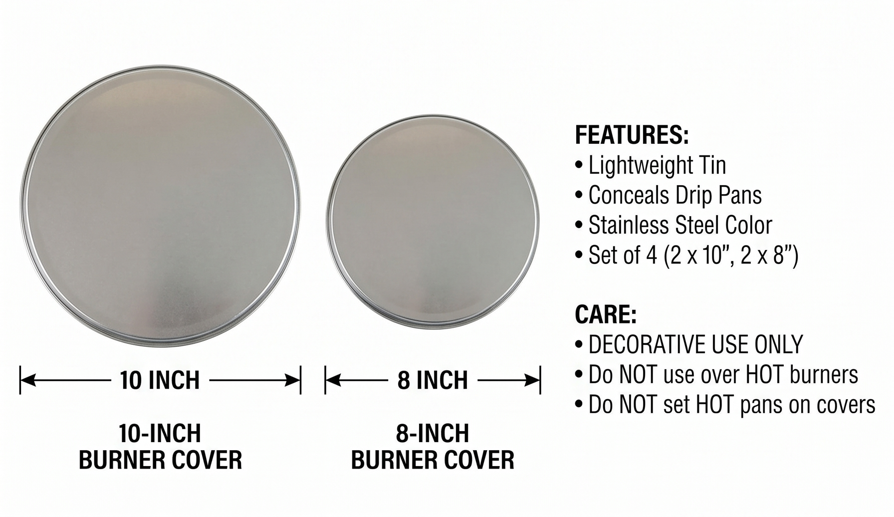 Reston Lloyd, Burner Covers For Electric Stovetop, Decorative Lightweight Tin Covers, Set of 4 (2-8 inch & 2-10 inch), Conceals Messy Drip Pans, Stainless Steel Color