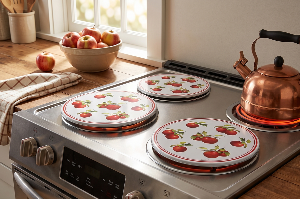 Reston Lloyd, Burner Covers For Electric Stovetop, Decorative Lightweight Tin Covers, Set of 4 (2-8 inch & 2-10 inch), Conceals Messy Drip Pans, Harvest Apple