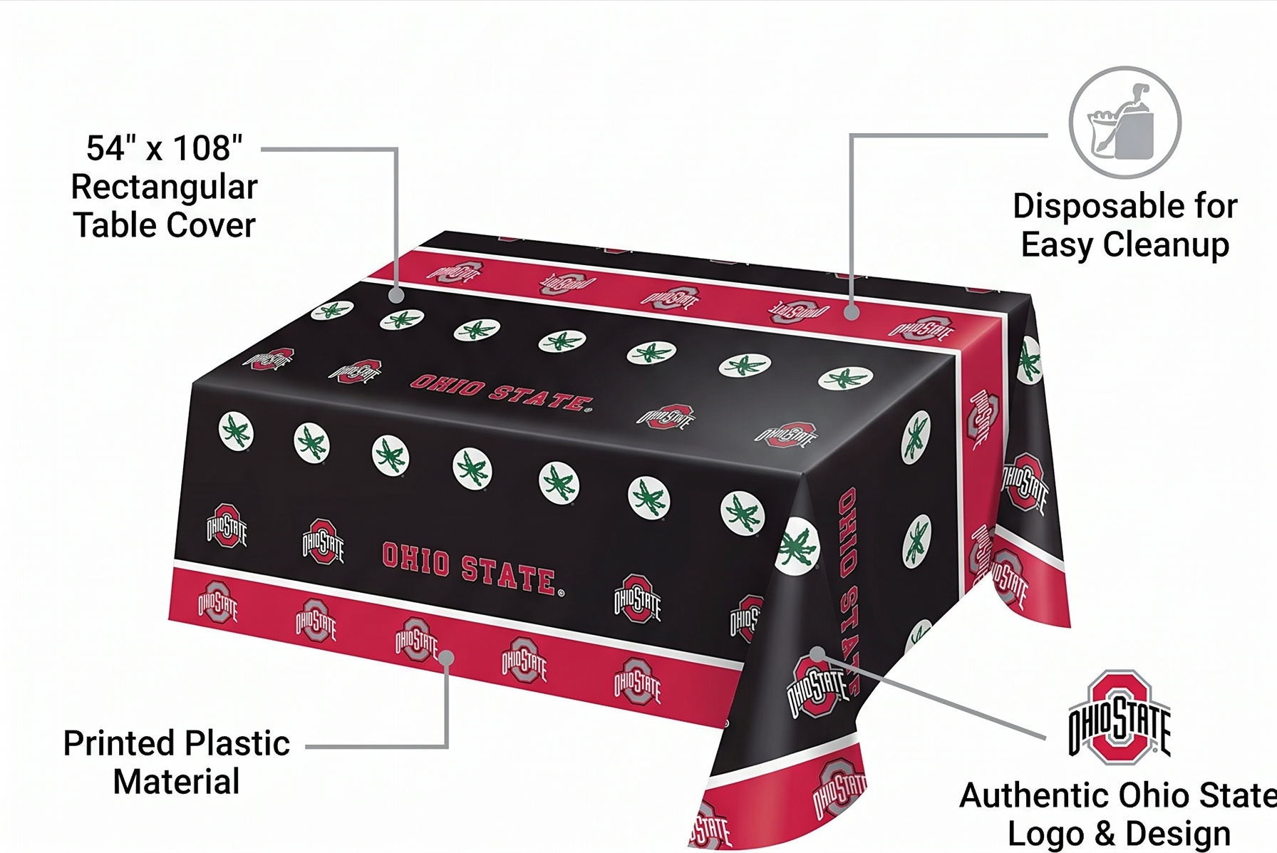 Creative Converting The Ohio State University Plastic Table Cover, 54"x108" -