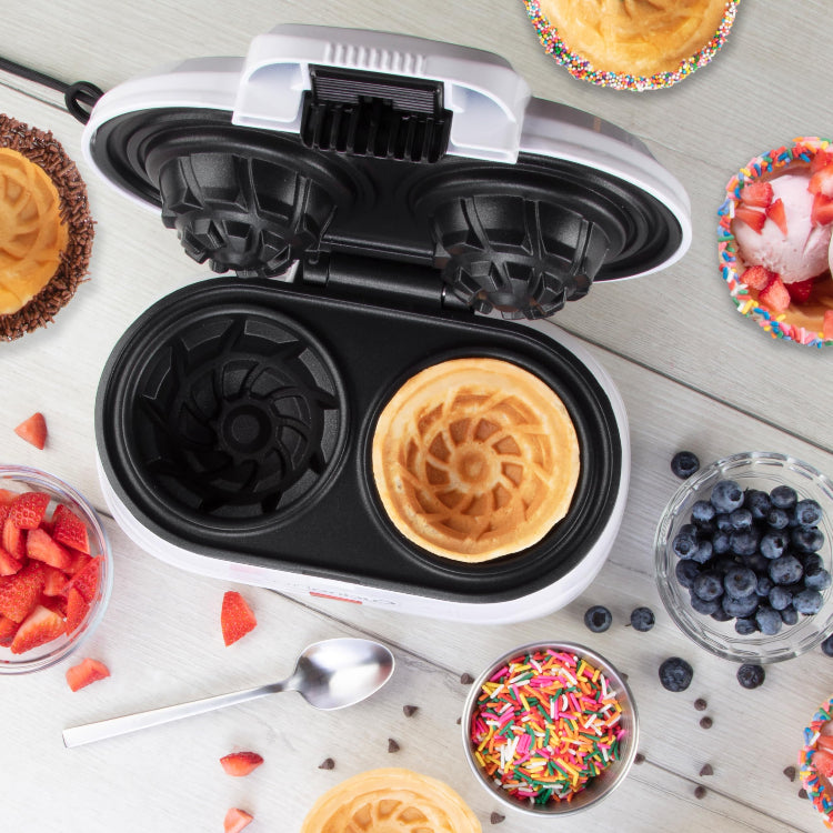 Double Waffle Bowl Maker- Make two 4" Ice Cream Cone Bowls at Once, NonStick Electric Baker for Homemade Icecream Treats, Waffler is Easy to Use, Recipes Included, Add your Favorite Fillings, Toppings