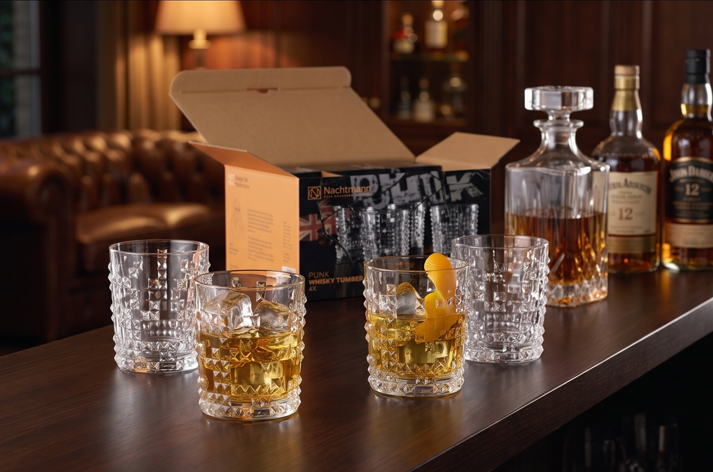 Nachtmann Punk Collection Whisky Tumblers – 4-Piece Lead-Free 11.15 oz Crystal Glasses with Stud & Spike Design, Stylish Drinking Cups for Bourbon, Scotch, Cocktails, Spirits, Home Bar