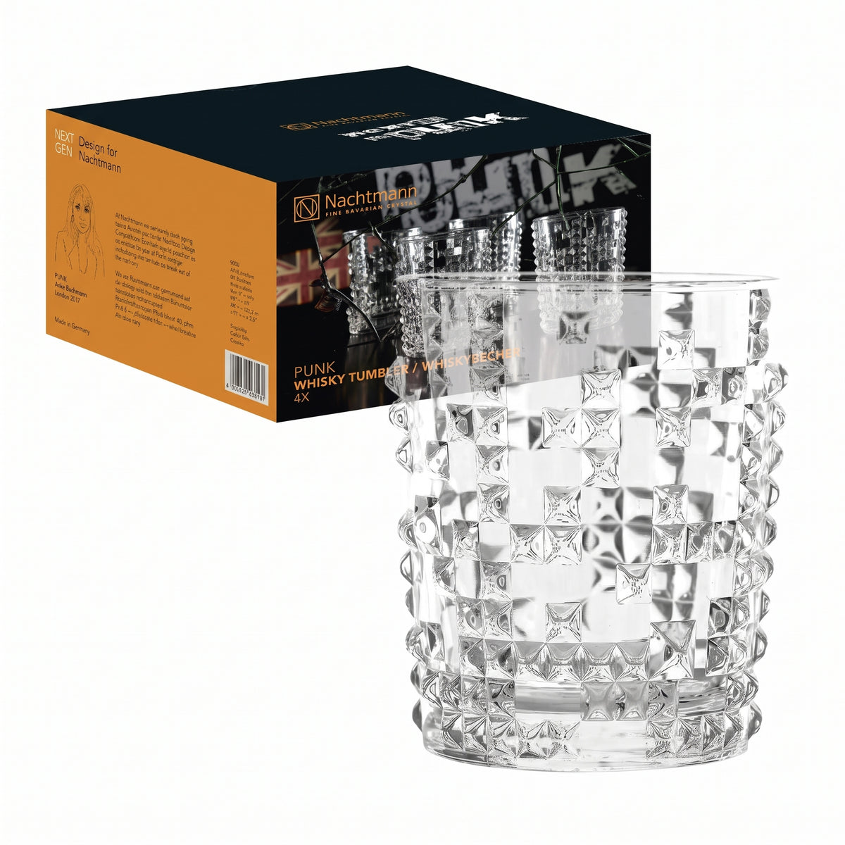 Nachtmann Punk Collection Whisky Tumblers – 4-Piece Lead-Free 11.15 oz Crystal Glasses with Stud & Spike Design, Stylish Drinking Cups for Bourbon, Scotch, Cocktails, Spirits, Home Bar