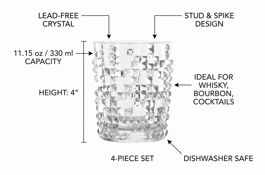 Nachtmann Punk Collection Whisky Tumblers – 4-Piece Lead-Free 11.15 oz Crystal Glasses with Stud & Spike Design, Stylish Drinking Cups for Bourbon, Scotch, Cocktails, Spirits, Home Bar