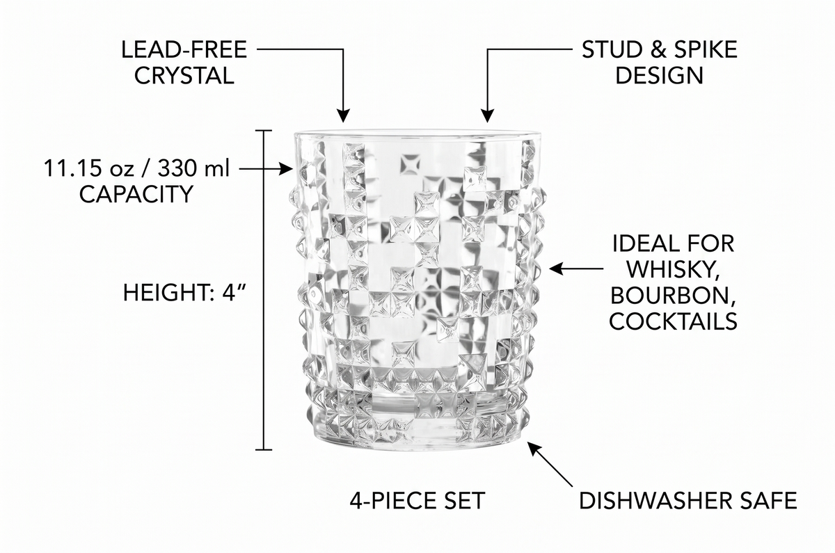 Nachtmann Punk Collection Whisky Tumblers – 4-Piece Lead-Free 11.15 oz Crystal Glasses with Stud & Spike Design, Stylish Drinking Cups for Bourbon, Scotch, Cocktails, Spirits, Home Bar