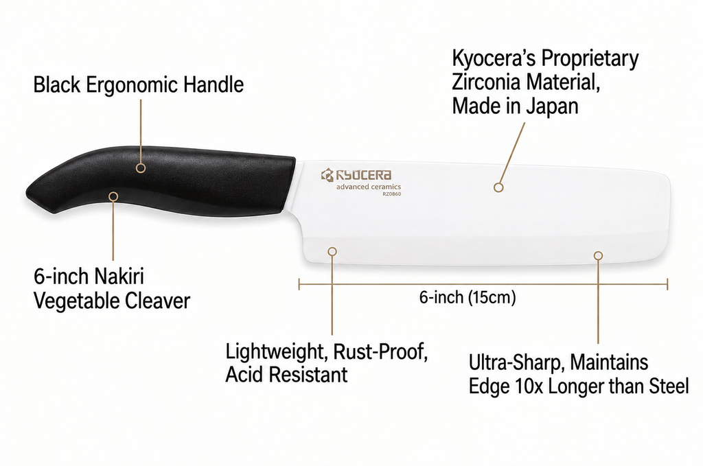 Kyocera Advanced Ceramic Revolution Series 6-inch Nakiri Vegetable Cleaver, Black Handle, White Blade