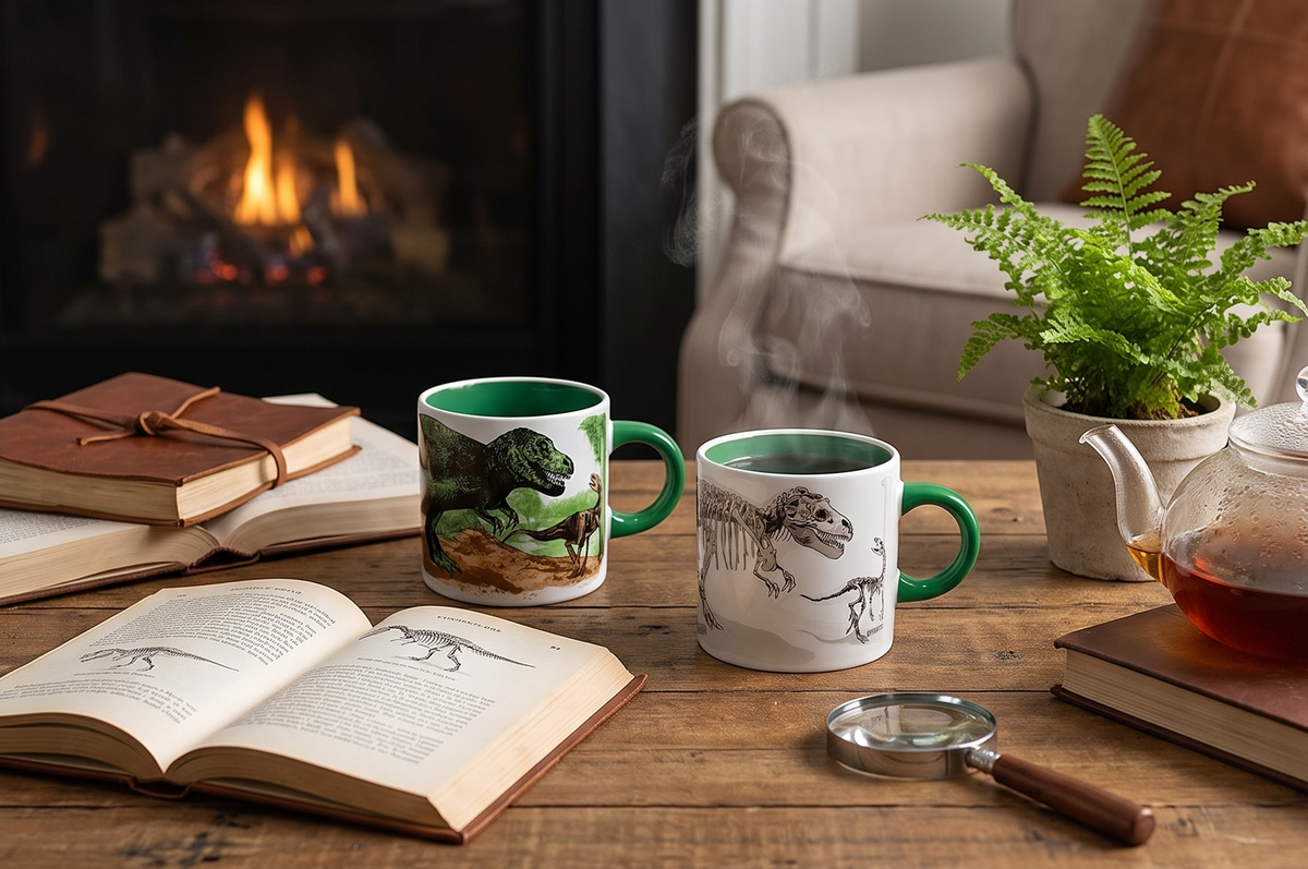 The Unemployed Philosophers Guild Disappearing Dino Mug - Heat Sensitive Color Changing Coffee Mug - Add Hot Liquid and Watch Dinosaurs Turn to Fossils,12 fl oz