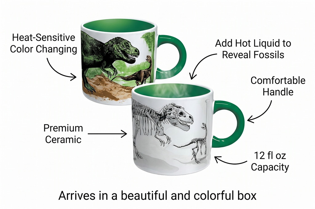 The Unemployed Philosophers Guild Disappearing Dino Mug - Heat Sensitive Color Changing Coffee Mug - Add Hot Liquid and Watch Dinosaurs Turn to Fossils,12 fl oz