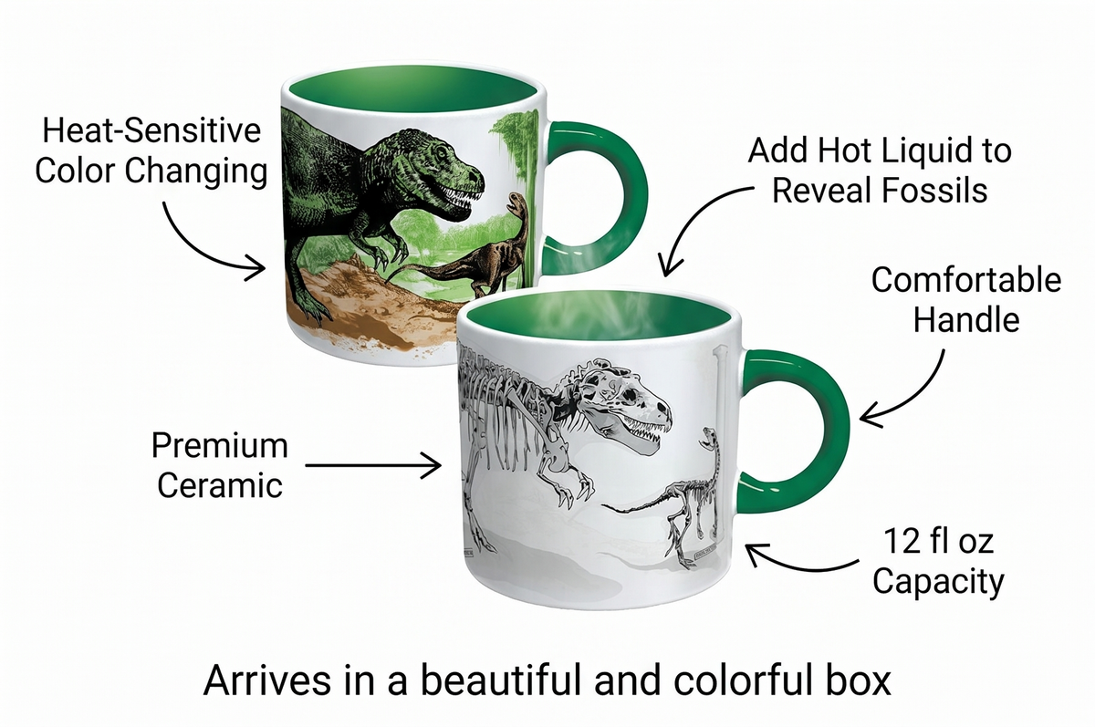 The Unemployed Philosophers Guild Disappearing Dino Mug - Heat Sensitive Color Changing Coffee Mug - Add Hot Liquid and Watch Dinosaurs Turn to Fossils,12 fl oz