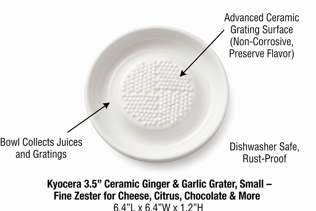 Kyocera 3.5" Ceramic Ginger & Garlic Grater, Small – Fine Zester for Cheese, Citrus, Chocolate & More – Non-Slip, Rust-Proof, Dishwasher Safe