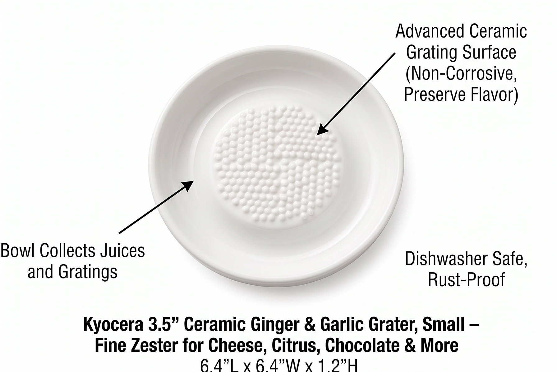Kyocera 3.5" Ceramic Ginger & Garlic Grater, Small – Fine Zester for Cheese, Citrus, Chocolate & More – Non-Slip, Rust-Proof, Dishwasher Safe